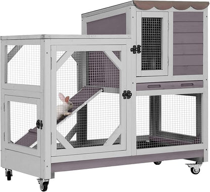 GUTINNEEN Rabbit Hutch Indoor Rabbit Cage with Wheels Outdoor Bunny House 2 Story Guinea Pig Cage with Leakproof Tarp Roof (Grey)