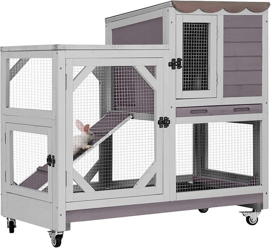 GUTINNEEN Rabbit Hutch Indoor Rabbit Cage with Wheels Outdoor Bunny House 2 Story Guinea Pig Cage with Leakproof Tarp Roof (Grey)