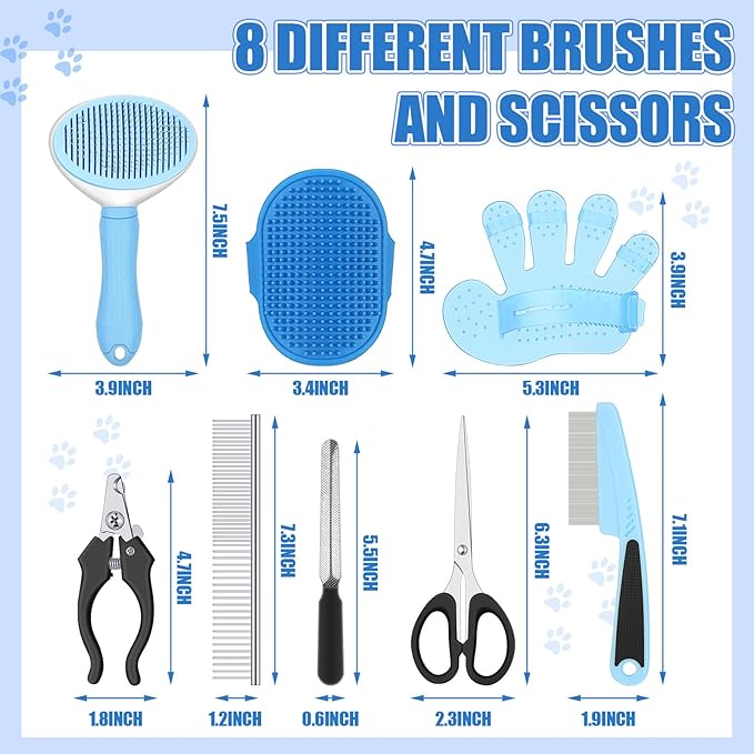 Yaomiao Pet Grooming Brush Kit, Includes 9 Pcs Self Cleaning Slicker, Dog Brush Shedding and Flea Comb, Nail Clippers and File, with Adjustable Strap Scissors, Bright Color