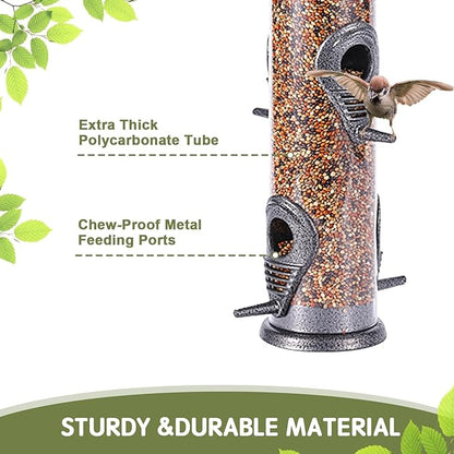 MIXXIDEA Metal Wild Bird Feeder, Squirrel Proof, Hanging 6 Port Tube Transparent Finch Feeder for Attracting Birds in Lawn, Garden, Balcony - Gray