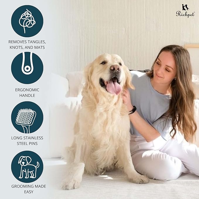 Pet Slicker Brush (Small Size, Black) for Grooming Pet Hair with Fluff Detangle Style  Dog Brush for Long & Short Haired Dogs for Goldendoodles  Curved Pin for  Removes Tangles & Loose Fur