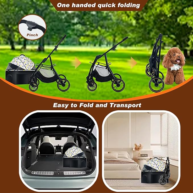 Pet Stroller 3 in 1 Folding Lightweight Dog Stroller with Detachable Carrier & Storage Basket, Premium 4 Wheels Travel Stroller for Small/Medium Pet (White)