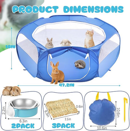 16 Pcs Rabbit Playpen Starter Kit, 47.2" x 47.2" x 15" Waterproof Cage Tent with Ground Nails, Storage Bag, Food Water Bowls, Grooming Tools, Grass Rugs for Bunny, Guinea Pigs, Small Animals