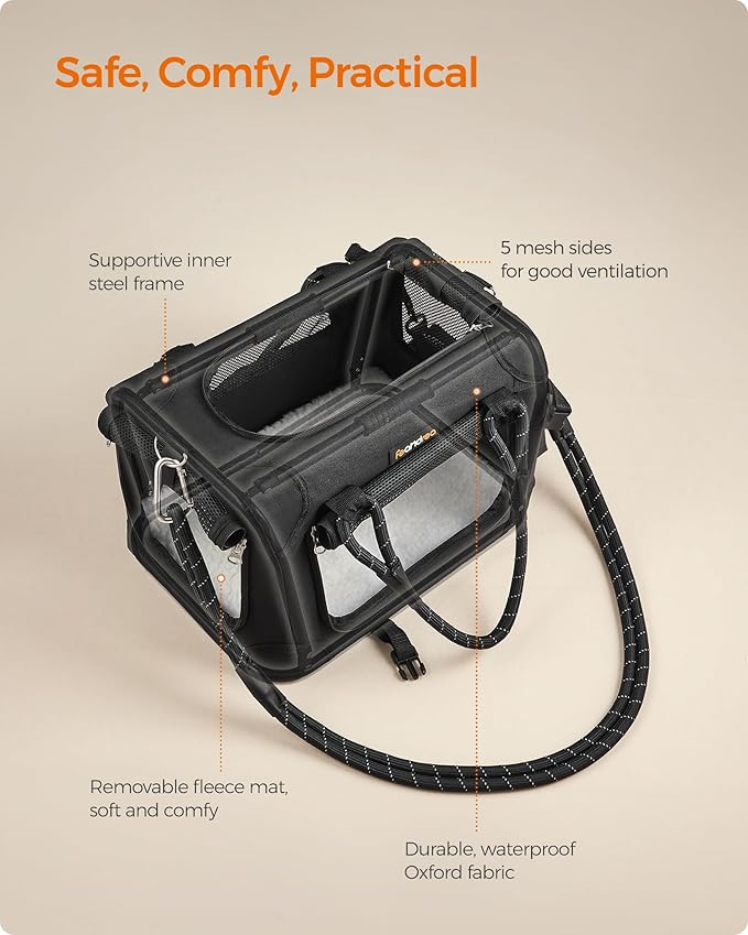 Feandrea Airline Approved Small Dog Carrier, Collapsible Pet Travel Carrier, Size S, with Metal Frame, Leash, Pocket, for Cats and Small Dogs up to 13 lb, 17 x 12 x 12 Inches, Classic Black UPDC004B01