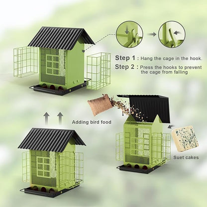 Bird Feeders for Outdoors Hanging, Metal Bird Feeder with Double Suet Cage Cake, Large Capacity, Birdfeeders Sturdy & Weatherproof, Easy to Clean & Refill, Great for Attracting Wild Birds