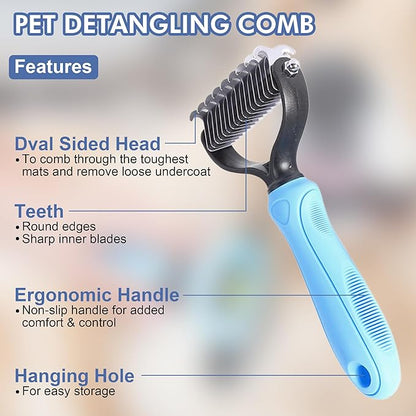 Pet Grooming Brush Kit 7pcs, Cat Brush with Release Button Comb Set for Shedding -Cat Brush&Nail Clippers File Set for Cat Dogs Long matted Haired Pets and Nail Repair(Blue)