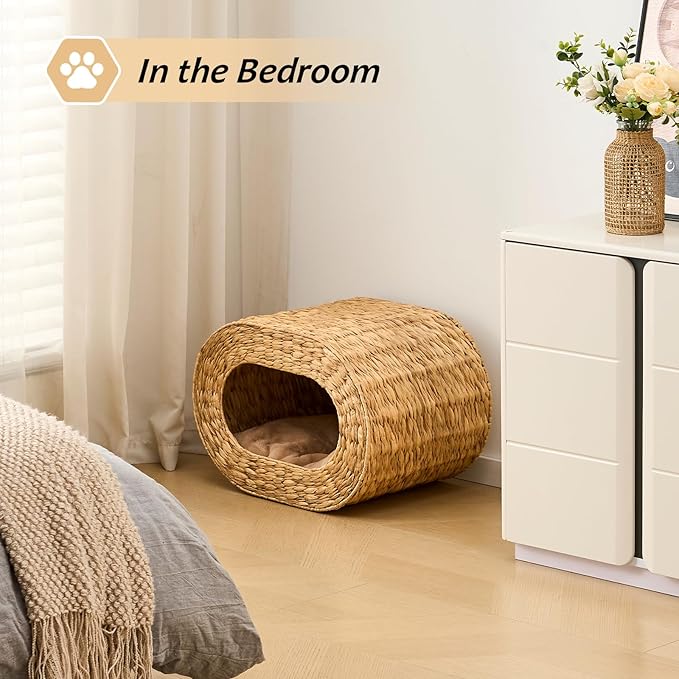 Cat House,Handwoven Cat Cave Pet Cube, Natural Cat Beds Indoor Kitten House with Double-Sided Soft Cushions, Pet Cat House for Multiple Cats, for Living Room Bedroom