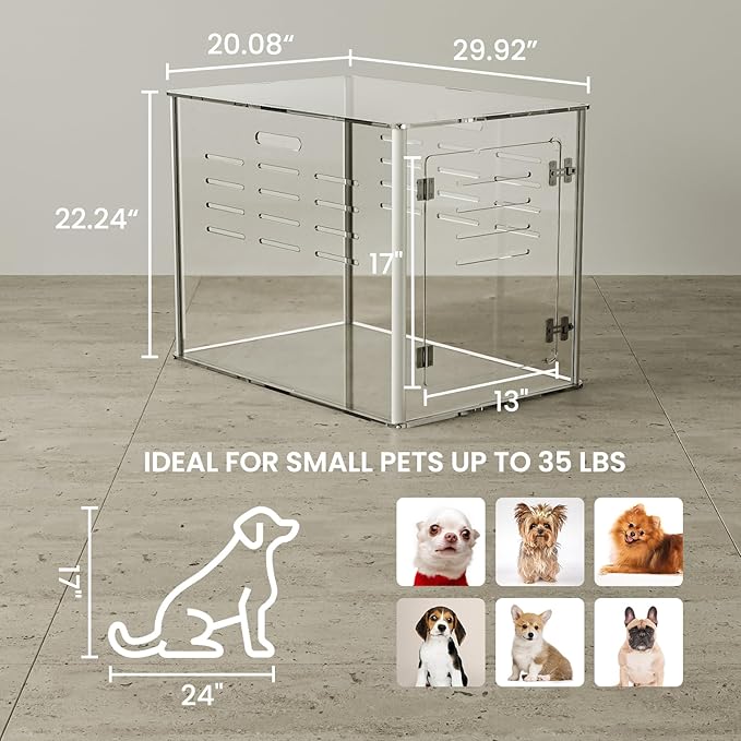 Sumerflos Acrylic Dog Crate Furniture - Clear Dog Kennel End Table for Small & Medium Dogs Up to 45lb Indoor Lockable Heavy-Duty Ventilated, 29.92" L x 20.08" W x 22.24" H