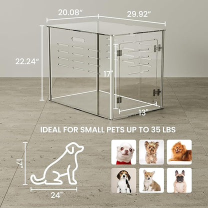 Sumerflos Acrylic Dog Crate Furniture - Clear Dog Kennel End Table for Small & Medium Dogs Up to 45lb Indoor Lockable Heavy-Duty Ventilated, 29.92" L x 20.08" W x 22.24" H