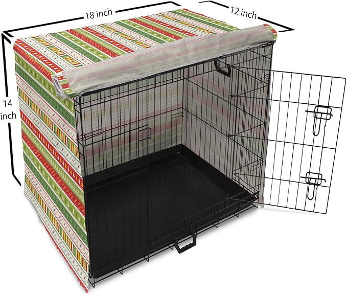Ambesonne Christmas Dog Crate Cover, Traditional Winter Seasonal Borders Stars Bells Trees Stripes Print, Easy to Use Pet Kennel Cover for Small Dogs Puppies Kittens, 18 Inch, Lime Green