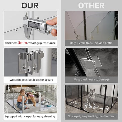 Dog Clear Playpen Fence Kennel: Pet Indoor Heavy Duty Whelping Box Pen Cage with Waterproof whelping pad - Small Animal Acrylic Exercise Kennel Pen with Metal Frame for Cats Puppy Rabbits Guinea Pig