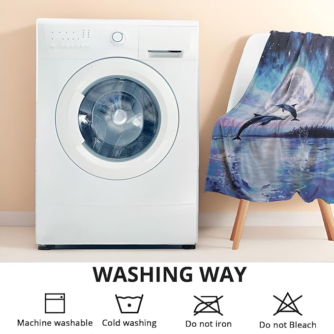 Dolphin and Moon Throw Blanket - Soft, Cozy, Lightweight Flannel, Warm, Plush, Fuzzy Decor for Couch, Office, Travel - Mystical Night Sky and Ocean Design 60_80 Inch