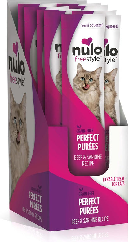 Nulo Freestyle Grain-Free Perfect Purees Premium Wet Cat Treats, Squeezable Meal Topper for Felines, High Moisture Content to Support Cat Hydration, 0.5 Ounce, Beef & Sardine