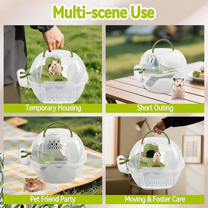 Portable Hamster Carrier Cage,Plastic Hamster Travel Carrier with Water Bottle Food Bowl,Green Lightweight Carrying Case for Small Animal Dwarf Syrian Rat Mice
