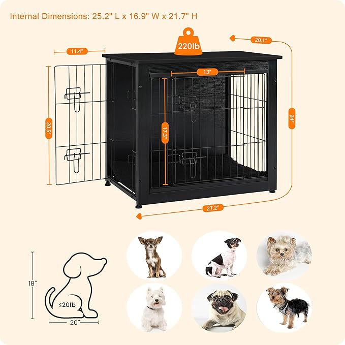 DWANTON Dog Crate Furniture with Cushion, Wooden Kennel Table with Double Doors, Indoor Dog House, Small/Medium/Large Size, 27.2" L, Black