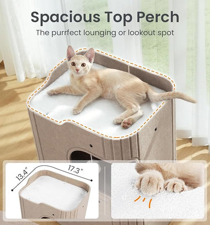 Made4Pets Cat House for Indoor Use, 2-Storey Cube Bed Cave, Covered Hideaway Condo with Scratch-Resistant Felt, Foldable Easy-to-Clean Design for Multi-Cat Homes, Beige