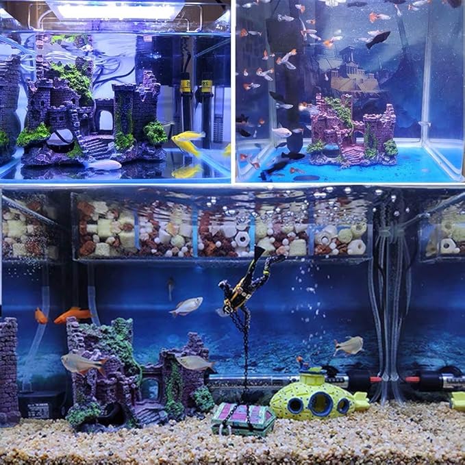 Aquarium Resin Castle Decoration, Castle Hideouts Stone Cave Hide House Fish Tank Aquarium Accessories for Betta Shrimp Turtle
