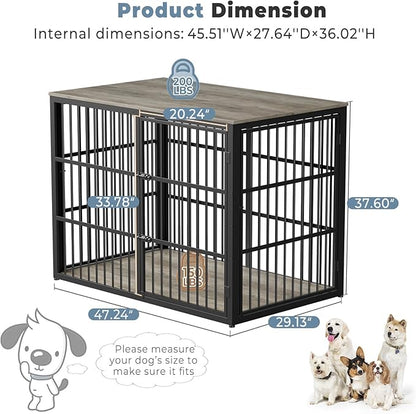 48'' XXL Dog Crate Furniture with 3 Doors, Wooden Crate End Table Heavy Duty Indoor Combination Cage for Medium to Large Dogs, Multiple Units Can be Combined, Grey