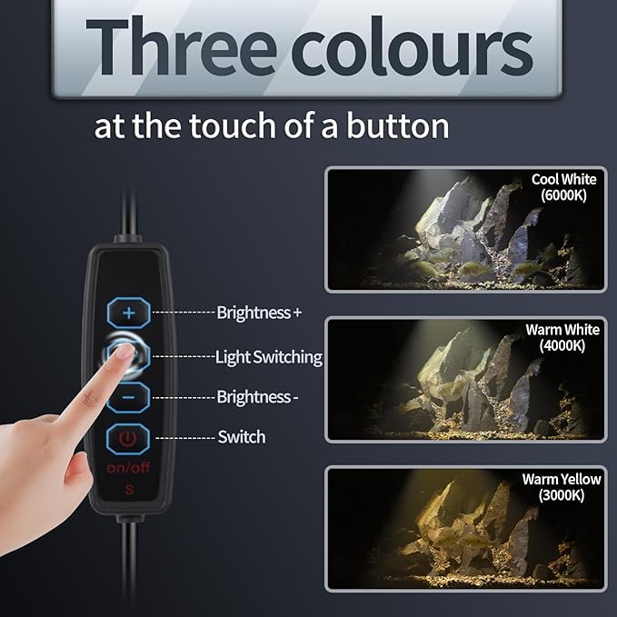 UPETTOOLS 3W LED Aquarium Light with 3 Color Modes – Clip On Fish Tank Lamp for Plants, Terrariums & Coral (Yellow, Warm White, White)