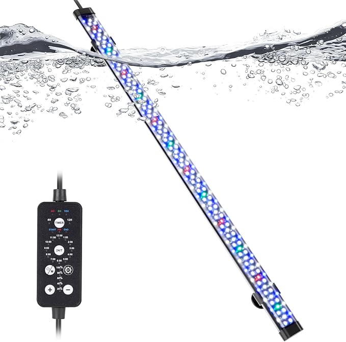 hygger Submersible LED Aquarium Light, 24W 26.8 in 24/7 Mode Fish Tank Light with 5 Rows Beads, with Timer 9 Colors and Adjustable Brightness, Full Spectrum IP68 Waterproof Light for Fish Tank 28-54in