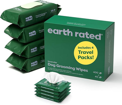 Earth Rated Hypoallergenic Dog Grooming Wipes for at Home & On-The-Go, for Paws, Body & Butt, Includes 4 Travel and Full Sized Packs, 440 Count