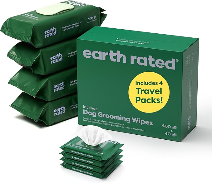 Earth Rated Hypoallergenic Dog Grooming Wipes for at Home & On-The-Go, for Paws, Body & Butt, Includes 4 Travel and Full Sized Packs, 440 Count