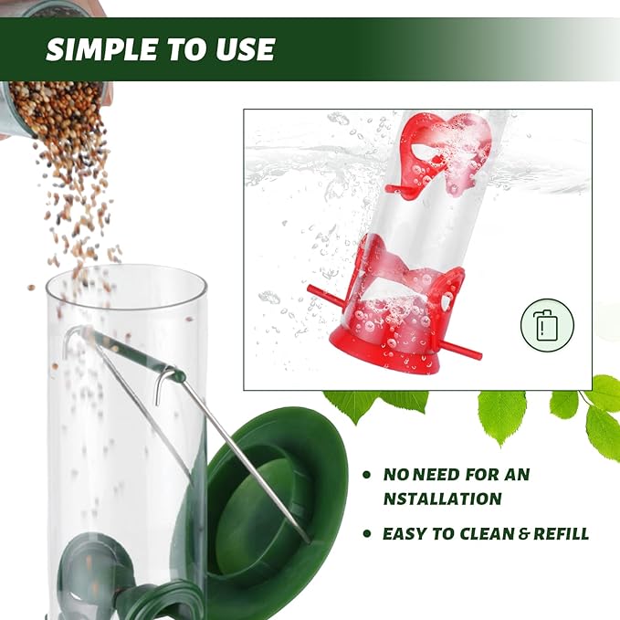 2 Packs Bird Feeder Tube Hanging Feeders, 6 Port Wild Bird Feeders Premium Hard Plastic with Steel Hanger Weatherproof and Water Resistant Great for Attracting Birds 18.2 Inches Large (Red + Green)