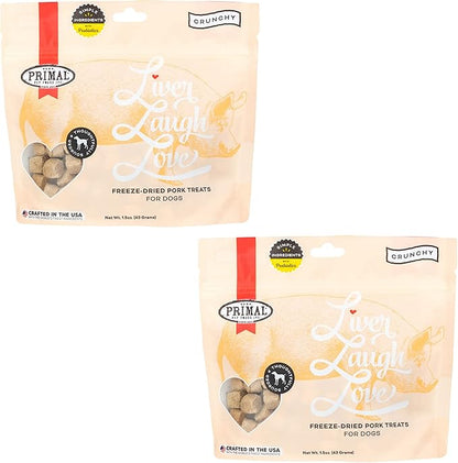 Primal Freeze Dried Dog Treats; Pork Liver Dog Treats with Probiotics for Dogs; Liver, Laugh, Love; Crunchy Grain Free Training Treats for Dogs, 1.5 oz (Pack of 2)