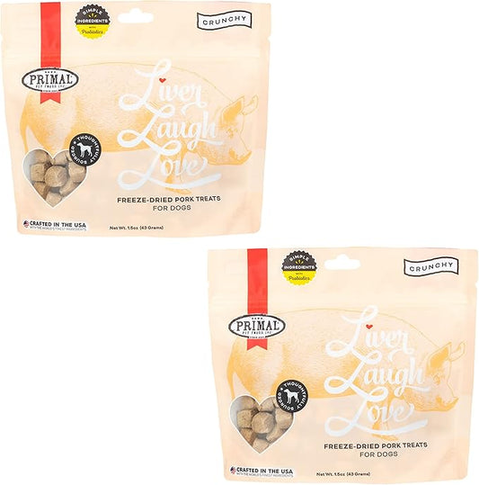 Primal Freeze Dried Dog Treats; Pork Liver Dog Treats with Probiotics for Dogs; Liver, Laugh, Love; Crunchy Grain Free Training Treats for Dogs, 1.5 oz (Pack of 2)