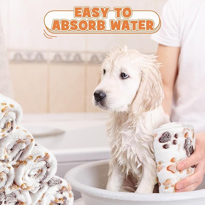 Tegeme 12 Pieces Pet Blanket Soft Fleece Dog Fluffy Doggie Warm Felt Throw Spring Cute Paw Print Puppy Kitten Sleep Mat Bed Covers for Cat(30 x 20 Inch,White)