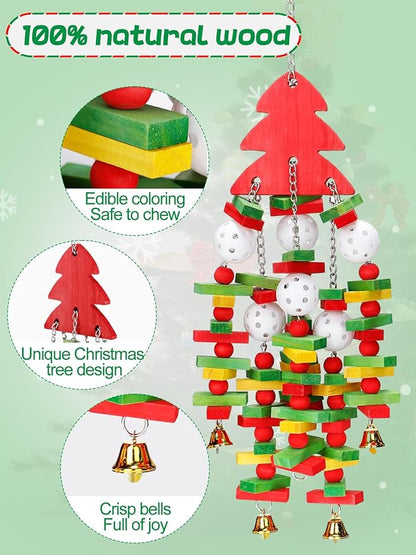 MEWTOGO Christmas Large Bird Toy - Natural Wooden Parrot Chewing Toy With Colorful Edible Blocks for Macaw African Grey Amazon Parrots, Xmas Gifts Bird Playing (Red)