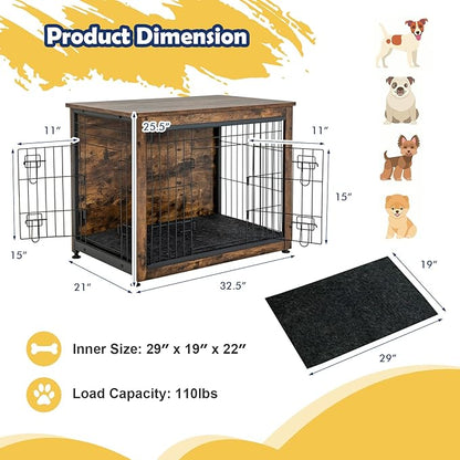 Tangkula Dog Crate Furniture with Removable Tray/Felt Mat, Wood Dog Cage End Table for Small & Medium Dogs, Industrial Double Doors Chew-Proof Dog House Dog Kennel Indoor