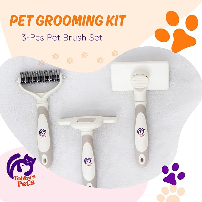 Pet Grooming Kit  3-Pcs Pet Brush Set with Dematting Tool, Deshedding Brush, Self-Cleaning Slicker Brush  Professional Dog Brushes for Grooming Long-Haired Dogs and Cats