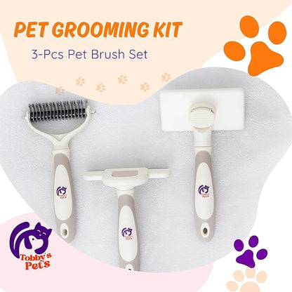 Pet Grooming Kit  3-Pcs Pet Brush Set with Dematting Tool, Deshedding Brush, Self-Cleaning Slicker Brush  Professional Dog Brushes for Grooming Long-Haired Dogs and Cats