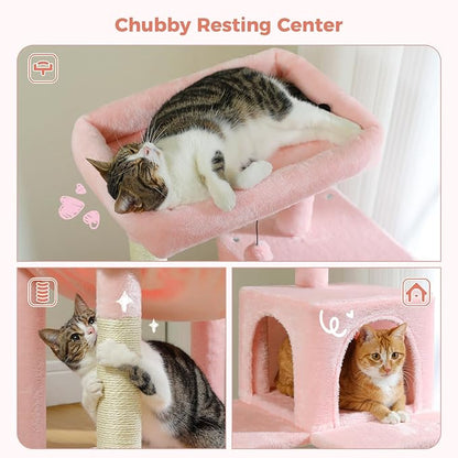 PETEPELA 56.3'' Tall Cat Tree for Indoor Cats, Multi-Level Cat Tower with Super Large Hammock (20''X16''), Sisal Covered Scratching Posts, Cozy Condo and Top Perch,Pink