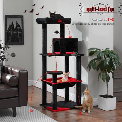 PETEPELA 56.3" Gothic Cat Tree for Indoor Cats, Tall Cat Tower with Super Large Hammock (20"X16"), Sisal Covered Scratching Posts, Cozy Condo and Top Perch Black