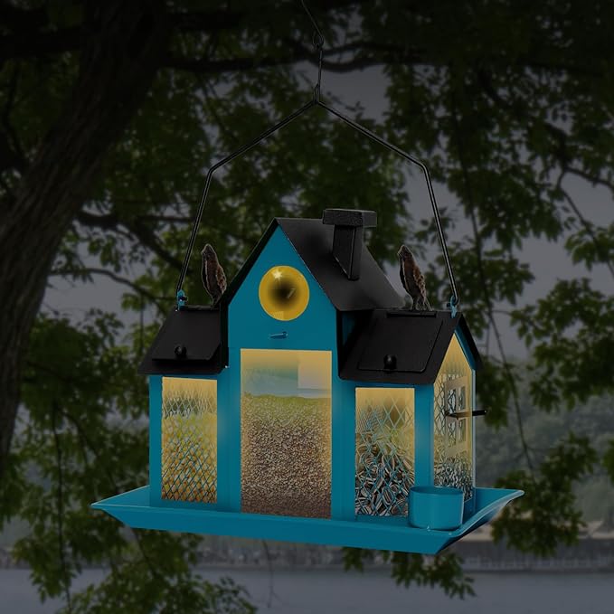Solar Bird Feeders House for Outdoors Hanging, 7LBS Large Capacity Metal Wild Bird Feeder Squirrel Proof for Outside with Water Cup, Cardinal Birdfeeder Birdhouses Gift for Bird Lovers (Blue)
