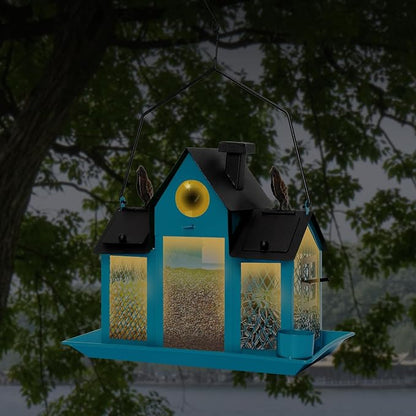 Solar Bird Feeders House for Outdoors Hanging, 7LBS Large Capacity Metal Wild Bird Feeder Squirrel Proof for Outside with Water Cup, Cardinal Birdfeeder Birdhouses Gift for Bird Lovers (Blue)