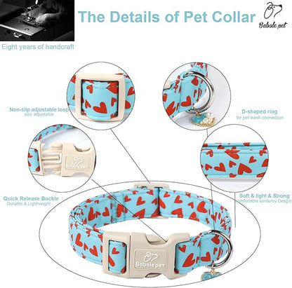 Valentine's Day Dog Collar - Cute Blue Valentines Dog Collar Girl Boy Durable Adjustable Red Heart Pattern Charm Dog Collars for Small Medium Large Dogs XL