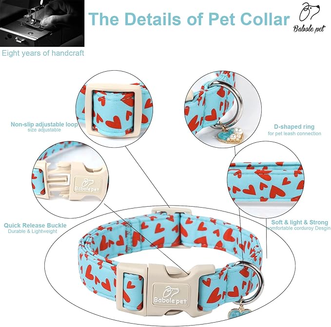 Valentine's Day Dog Collar - Cute Blue Valentines Dog Collar Girl Boy Durable Adjustable Red Heart Pattern Charm Dog Collars for Small Medium Large Dogs XS