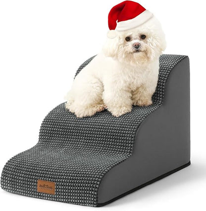 Dog Stairs for Small Dogs, Curved Pet Step with Leakproof Cover, High Density Foam Cat Ramp for Bed or Sofa, Lightweight, Durable, Comfort, 15.7x22.4x15.7 inch, 3 Tiers, Dark Grey