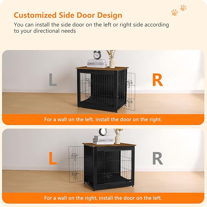 DWANTON Dog Crate Furniture with Cushion, Wooden Dog Crate with Double Doors, Dog Furniture, Dog Kennel Indoor for Small Dogï¼_nd Table, 27.2" L, Black+Warm Brown