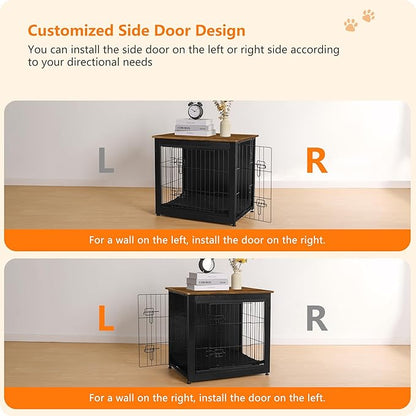 DWANTON Dog Crate Furniture with Cushion, Wooden Dog Crate with Double Doors, Dog Furniture, Dog Kennel Indoor for Small Dogï¼_nd Table, 27.2" L, Black+Warm Brown