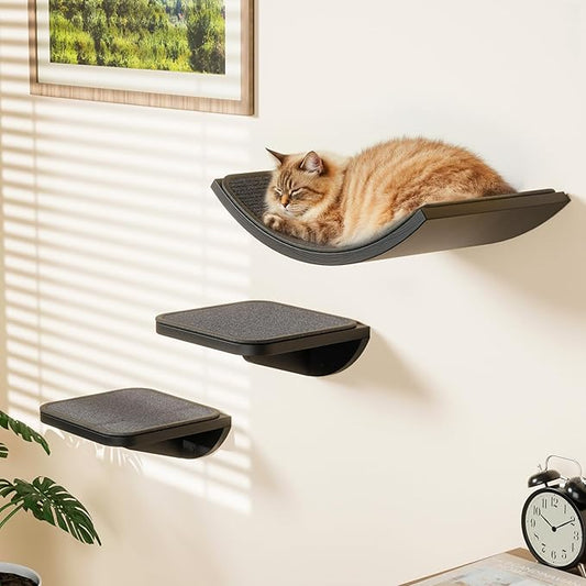 Cat Wall Shelves for Large Cats Set, Grey Curved Wall Sisal Bed and 2 Floating Wall Sisal Steps, Wall Mounted Climbing Shelves for Sleeping, Playing, and Lounging