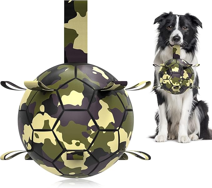 QDAN Dog Toys Soccer Ball, Interactive Dog Toys for Tug of War, Dog Tug Toy, Dog Water Toy, Durable Dog Balls for Medium & Large Dogs-Camouflage(8 inch)