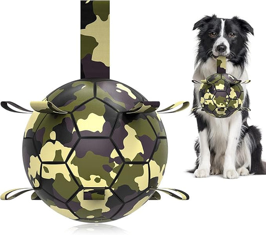 QDAN Dog Toys Soccer Ball, Interactive Dog Toys for Tug of War, Dog Tug Toy, Dog Water Toy, Durable Dog Balls for Medium & Large Dogs-Camouflage(8 inch)
