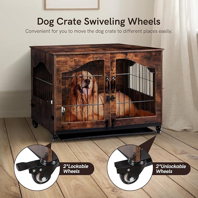 Snowtaros Dog Crate Furniture with 360° Rotatable Hidden Bowls, Heavy Duty Wooden Dog Kennel with Double Doors, Dog Cage End Table Indoor with Removable Tray Swiveling Wheels for Small Medium Dogs