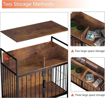 aboxoo 40/32 Inches Furniture-Style Cages,Large Medium Dog Kennels Indoor,Wood Dog Crate Table with Drawers Storage(Rustic Brown)