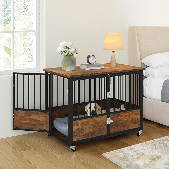 YITAHOME 38" Dog Crate Furniture with Wheels, Heavy Duty Wood Dog Cage Table with Double-Doors Chew-Resistant Wooden Dog Kennel Indoor for Large and Medium Dogs Rustic Brown