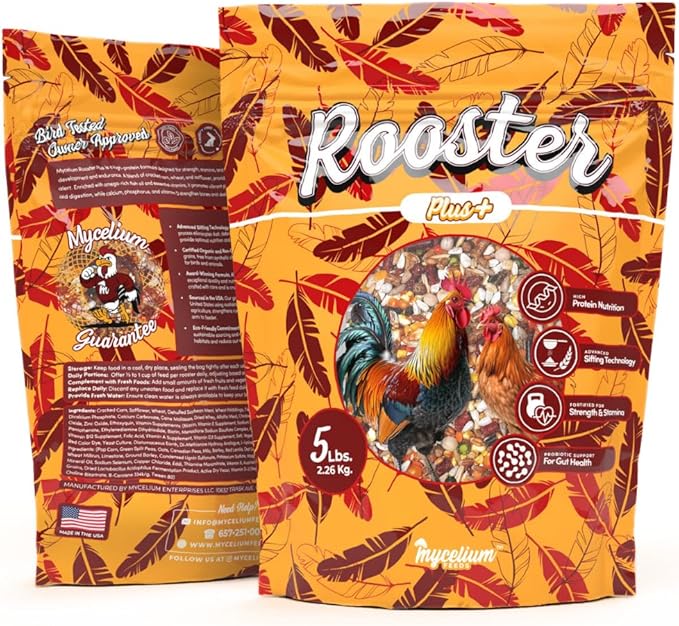 Mycelium Organic Rooster Plus Feed (5 LB Bag) | High-Protein Chicken Feed with Vitamin Support for Strength, Stamina & Gut Health | Natural Poultry Grain Blend with Fish Meal | Non-GMO, Made in USA